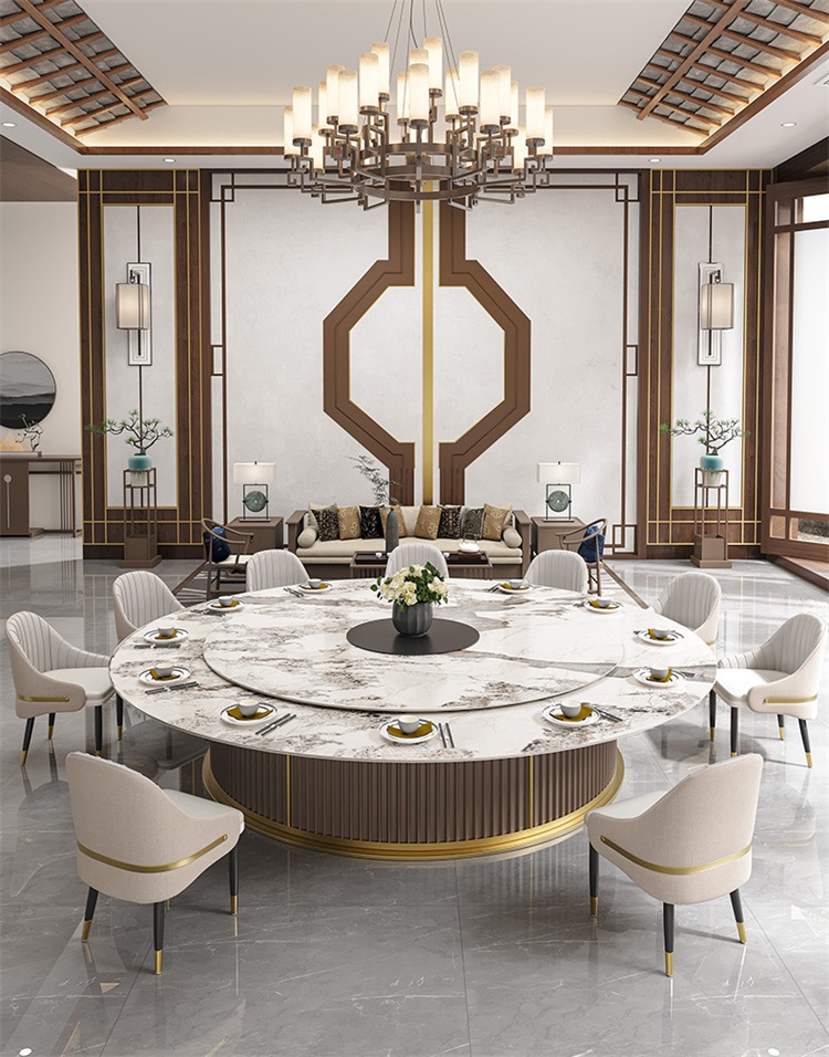 會(huì)所別墅包廂自動(dòng)轉(zhuǎn)盤(pán)巖板高檔電動(dòng)餐桌大圓桌