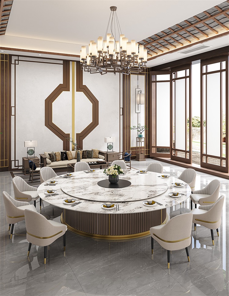 會(huì)所別墅包廂自動(dòng)轉(zhuǎn)盤(pán)巖板高檔電動(dòng)餐桌大圓桌