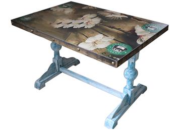 工業(yè)風(fēng)桌面花紋貼片銅釘包邊餐桌藍(lán)色實(shí)木球形