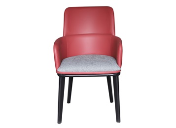 現(xiàn)代紅色皮革與灰色布藝實(shí)木餐椅