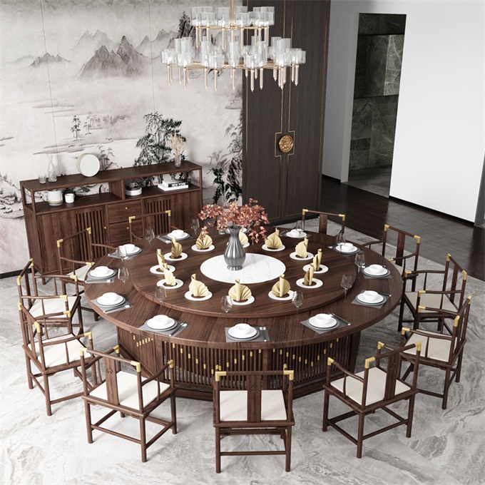 會所包廂新中式禪意輕奢實木電動旋轉(zhuǎn)餐桌椅