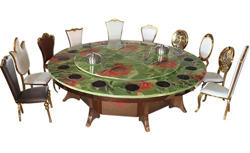 16人位圓形大理石電磁爐火鍋桌_鍍銅拉絲不銹鋼餐腳電動餐桌